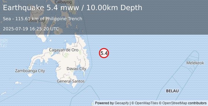 Earthquake 140 km E of Barcelona, Philippines (5.4 mww) (2025-07-19 16:25:20 UTC)
