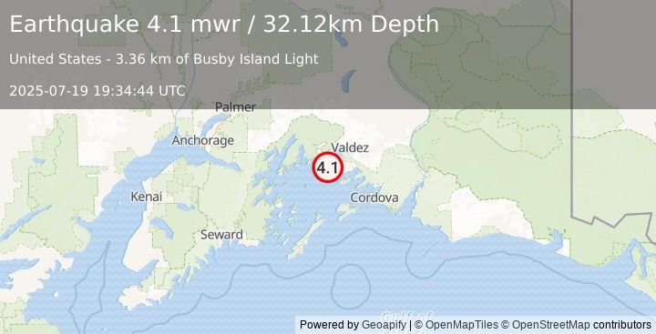 Earthquake 11 km WNW of Tatitlek, Alaska (4.1 mwr) (2025-07-19 19:34:44 UTC)