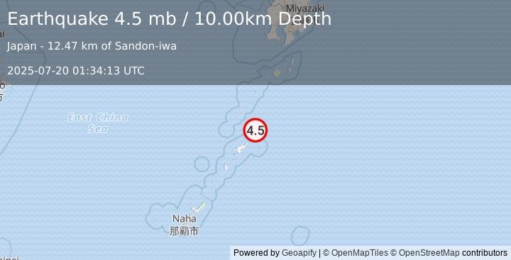 Earthquake 48 km NE of Tatsugō, Japan (4.5 mb) (2025-07-20 01:34:13 UTC)