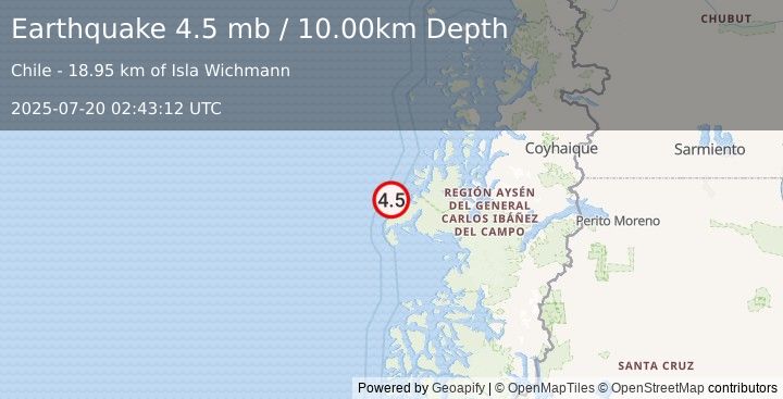 Earthquake 227 km WSW of Puerto Chacabuco, Chile (4.5 mb) (2025-07-20 02:43:12 UTC)