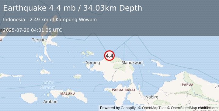 Earthquake 49 km N of Fef, Indonesia (4.4 mb) (2025-07-20 04:01:35 UTC)