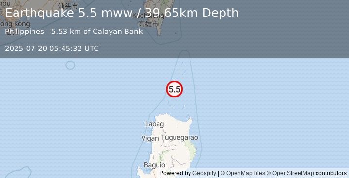Earthquake 98 km SSW of Basco, Philippines (5.5 mww) (2025-07-20 05:45:32 UTC)