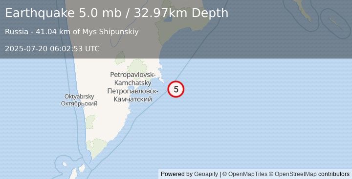 Earthquake 132 km E of Petropavlovsk-Kamchatsky, Russia (5.0 mb) (2025-07-20 06:02:53 UTC)