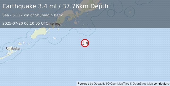 Earthquake 137 km SSE of Sand Point, Alaska (3.4 ml) (2025-07-20 06:10:05 UTC)