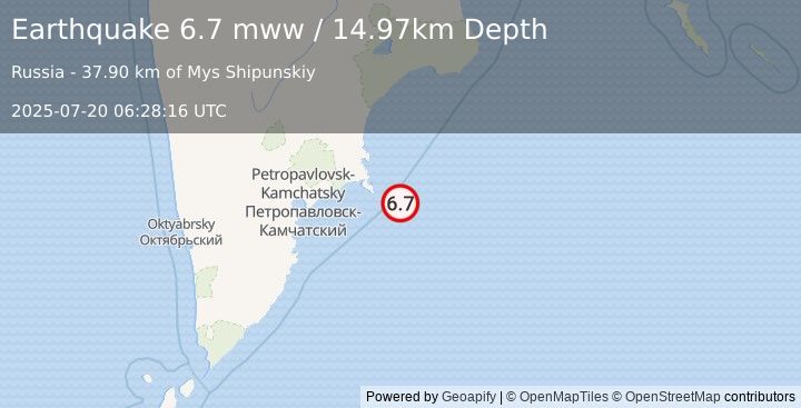 Earthquake 130 km E of Petropavlovsk-Kamchatsky, Russia (6.7 mww) (2025-07-20 06:28:16 UTC)