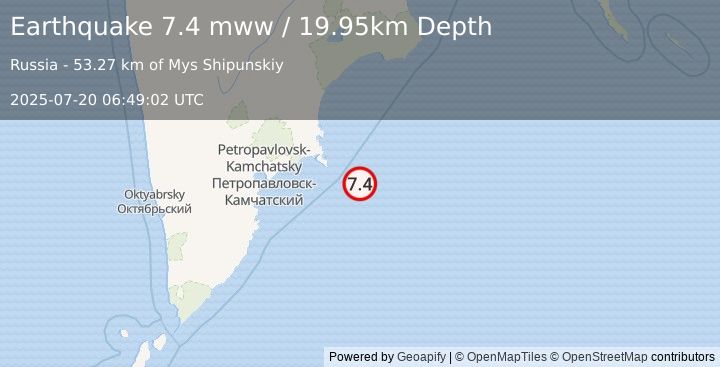 Earthquake 144 km E of Petropavlovsk-Kamchatsky, Russia (7.4 mww) (2025-07-20 06:49:02 UTC)