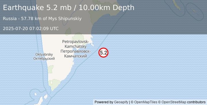 Earthquake 147 km E of Petropavlovsk-Kamchatsky, Russia (5.2 mb) (2025-07-20 07:02:09 UTC)