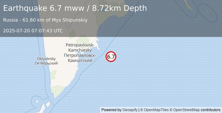 Earthquake 151 km E of Petropavlovsk-Kamchatsky, Russia (6.7 mww) (2025-07-20 07:07:43 UTC)