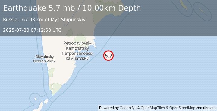 Earthquake 156 km ESE of Petropavlovsk-Kamchatsky, Russia (5.7 mb) (2025-07-20 07:12:58 UTC)