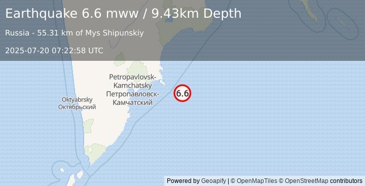 Earthquake 147 km E of Petropavlovsk-Kamchatsky, Russia (6.6 mww) (2025-07-20 07:22:58 UTC)
