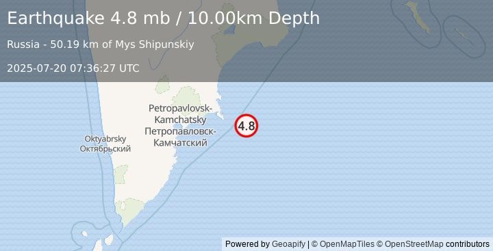 Earthquake 143 km E of Petropavlovsk-Kamchatsky, Russia (4.8 mb) (2025-07-20 07:36:27 UTC)