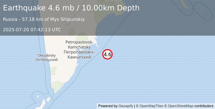 Earthquake 144 km ESE of Petropavlovsk-Kamchatsky, Russia (4.6 mb) (2025-07-20 07:42:13 UTC)