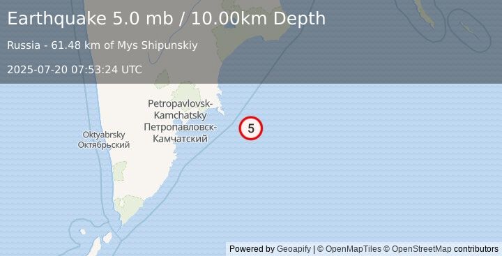 Earthquake 152 km E of Petropavlovsk-Kamchatsky, Russia (5.0 mb) (2025-07-20 07:53:24 UTC)