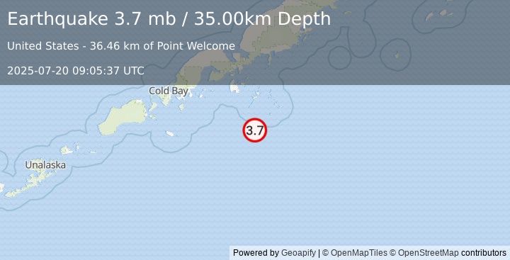 Earthquake 97 km SSE of Sand Point, Alaska (3.7 mb) (2025-07-20 09:05:37 UTC)