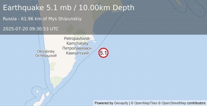 Earthquake 142 km ESE of Petropavlovsk-Kamchatsky, Russia (5.1 mb) (2025-07-20 09:30:53 UTC)