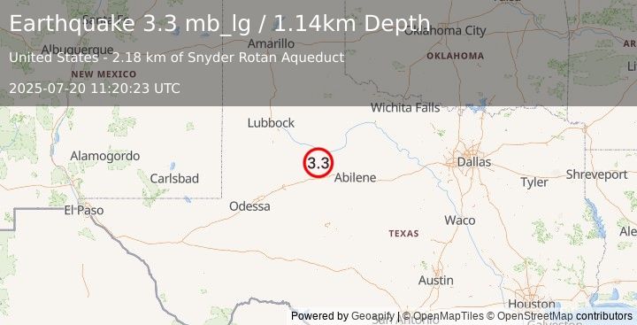 Earthquake 16 km NE of Hermleigh, Texas (3.3 mb_lg) (2025-07-20 11:20:23 UTC)