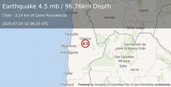 Earthquake 48 km S of Calama, Chile (4.5 mb) (2025-07-20 12:36:23 UTC)