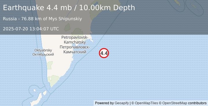 Earthquake 158 km ESE of Petropavlovsk-Kamchatsky, Russia (4.4 mb) (2025-07-20 13:04:07 UTC)