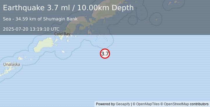 Earthquake 127 km SSE of Sand Point, Alaska (3.7 ml) (2025-07-20 13:19:10 UTC)