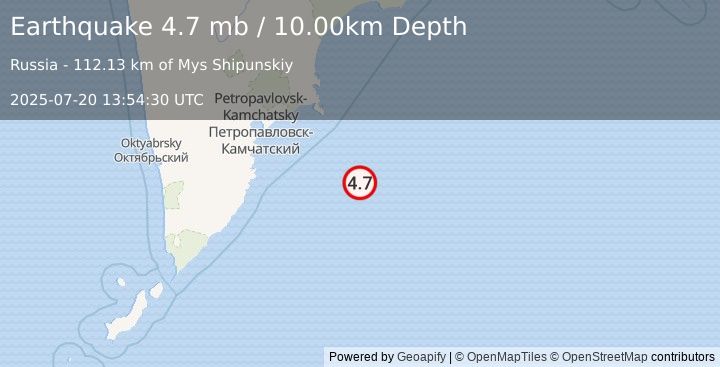 Earthquake 176 km ESE of Petropavlovsk-Kamchatsky, Russia (4.7 mb) (2025-07-20 13:54:30 UTC)