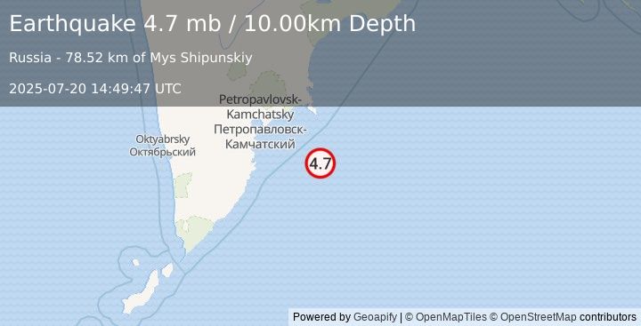 Earthquake 126 km SE of Petropavlovsk-Kamchatsky, Russia (4.7 mb) (2025-07-20 14:49:47 UTC)