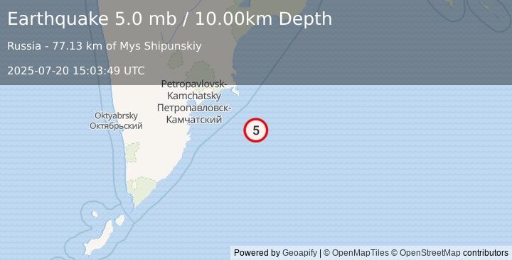 Earthquake 145 km ESE of Petropavlovsk-Kamchatsky, Russia (5.0 mb) (2025-07-20 15:03:49 UTC)