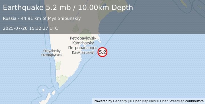 Earthquake 110 km ESE of Petropavlovsk-Kamchatsky, Russia (5.2 mb) (2025-07-20 15:32:27 UTC)