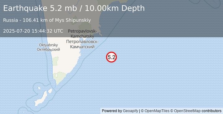 Earthquake 168 km SE of Petropavlovsk-Kamchatsky, Russia (5.2 mb) (2025-07-20 15:44:32 UTC)