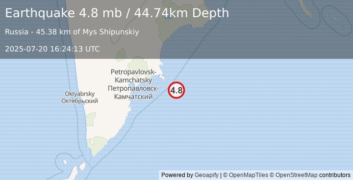 Earthquake 133 km E of Petropavlovsk-Kamchatsky, Russia (4.8 mb) (2025-07-20 16:24:13 UTC)