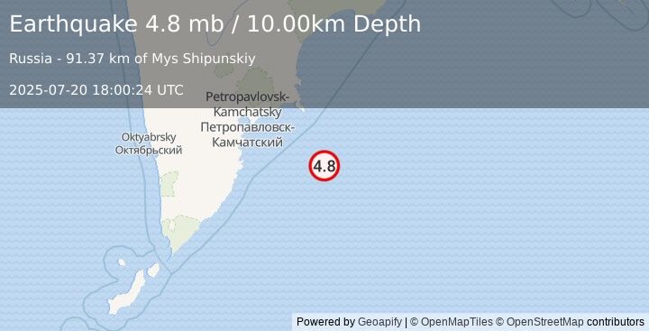 Earthquake 152 km ESE of Petropavlovsk-Kamchatsky, Russia (4.8 mb) (2025-07-20 18:00:24 UTC)