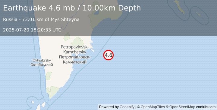 Earthquake 166 km E of Petropavlovsk-Kamchatsky, Russia (4.6 mb) (2025-07-20 18:20:33 UTC)