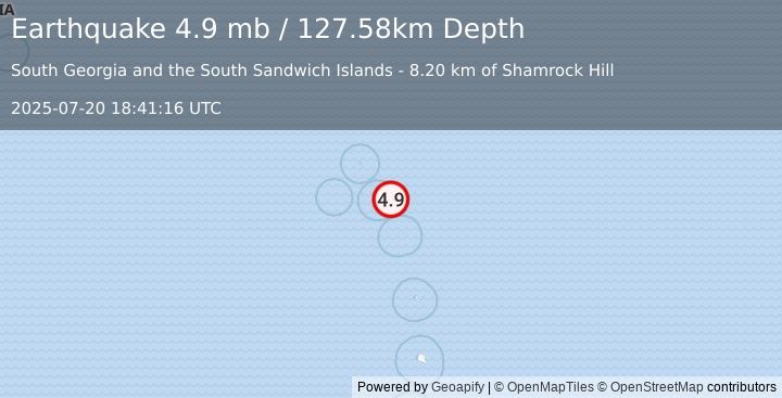 Earthquake South Sandwich Islands region (4.9 mb) (2025-07-20 18:41:16 UTC)