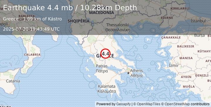 Earthquake 9 km SW of Anávra, Greece (4.4 mb) (2025-07-20 19:43:49 UTC)