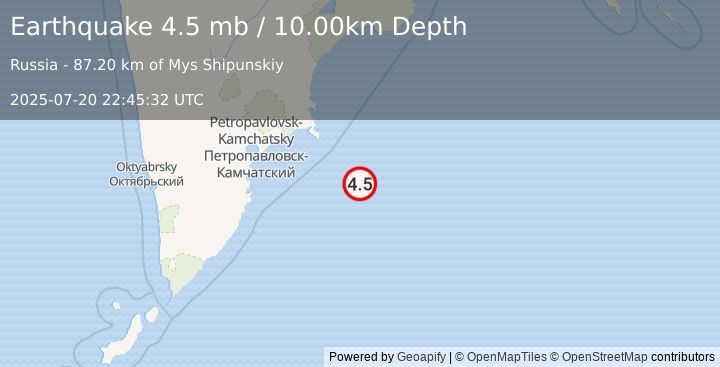 Earthquake 166 km ESE of Petropavlovsk-Kamchatsky, Russia (4.5 mb) (2025-07-20 22:45:32 UTC)