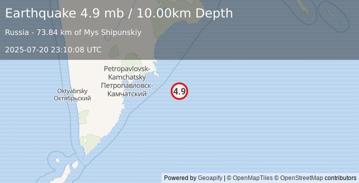 Earthquake 161 km ESE of Petropavlovsk-Kamchatsky, Russia (4.9 mb) (2025-07-20 23:10:08 UTC)