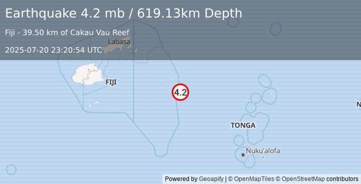 Earthquake 294 km E of Levuka, Fiji (4.2 mb) (2025-07-20 23:20:54 UTC)
