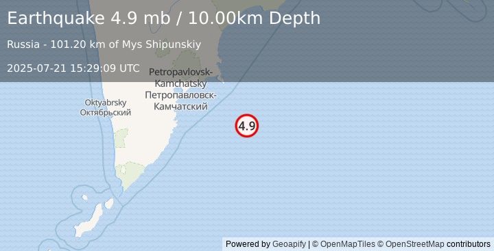Earthquake 167 km ESE of Petropavlovsk-Kamchatsky, Russia (4.9 mb) (2025-07-21 15:29:09 UTC)