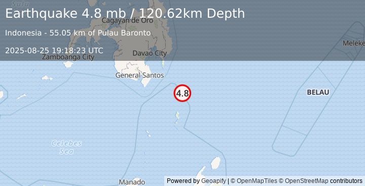 Earthquake 147 km SE of Pondaguitan, Philippines (4.8 mb) (2025-08-25 19:18:23 UTC)