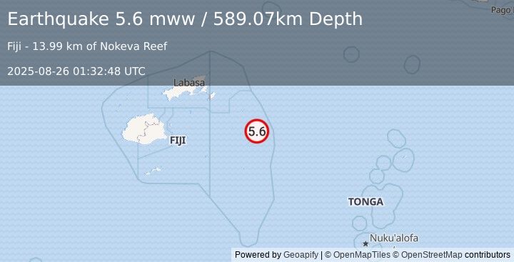 Earthquake 227 km E of Levuka, Fiji (5.6 mww) (2025-08-26 01:32:48 UTC)
