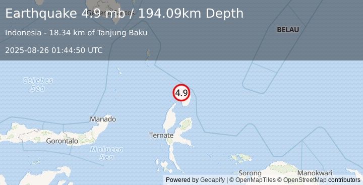 Earthquake 104 km NNE of Tobelo, Indonesia (4.9 mb) (2025-08-26 01:44:50 UTC)