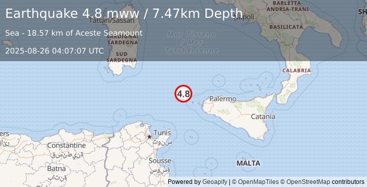 Earthquake 70 km WNW of Favignana, Italy (4.8 mww) (2025-08-26 04:07:07 UTC)