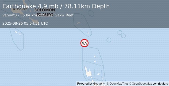 Earthquake 181 km NW of Sola, Vanuatu (4.9 mb) (2025-08-26 05:54:31 UTC)
