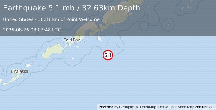 Earthquake 90 km SSE of Sand Point, Alaska (5.1 mb) (2025-08-26 08:03:48 UTC)