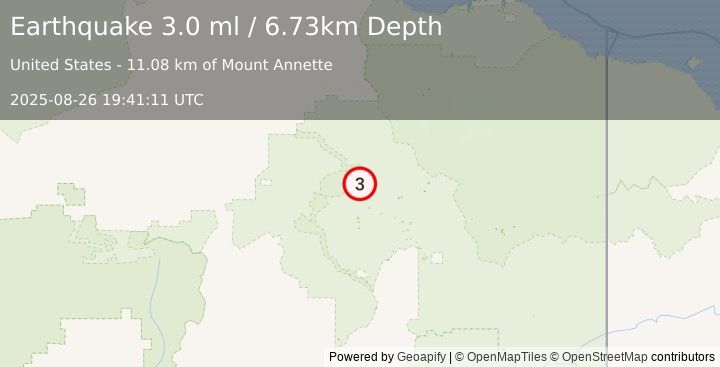 Earthquake 69 km NNW of Arctic Village, Alaska (3.0 ml) (2025-08-26 19:41:11 UTC)