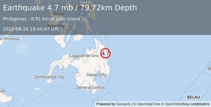 Earthquake 12 km NNE of Gamut, Philippines (4.7 mb) (2025-08-26 19:45:47 UTC)