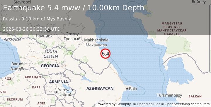 Earthquake 17 km E of Novokayakent, Russia (5.4 mww) (2025-08-26 20:33:30 UTC)