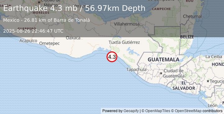 Earthquake 29 km SW of Cabeza de Toro, Mexico (4.3 mb) (2025-08-26 22:46:47 UTC)