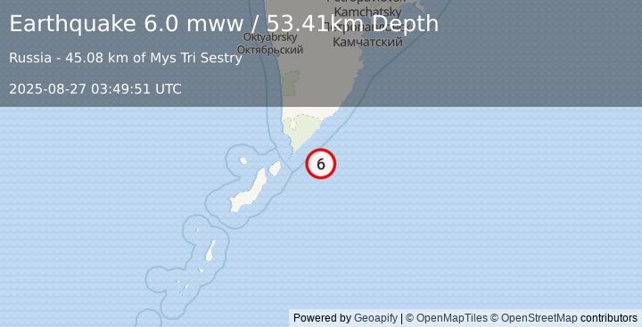 Earthquake 98 km E of Severo-Kuril’sk, Russia (6.0 mww) (2025-08-27 03:49:51 UTC)