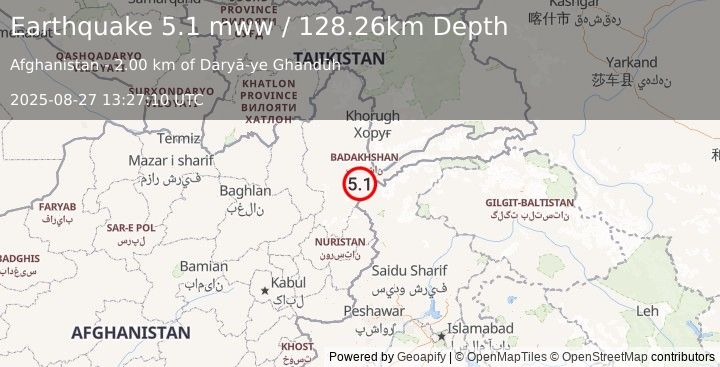 Earthquake 35 km SW of Ashkāsham, Afghanistan (5.1 mww) (2025-08-27 13:27:10 UTC)