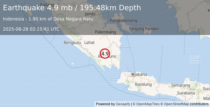 Earthquake 28 km NW of Kotabumi, Indonesia (4.9 mb) (2025-08-28 02:15:41 UTC)